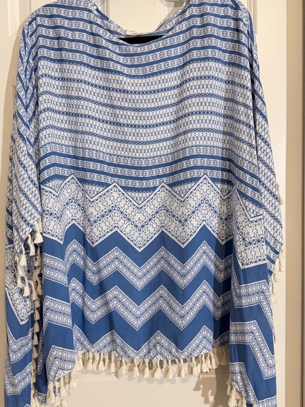 Listicle Blue and White Chevron Tassel Poncho